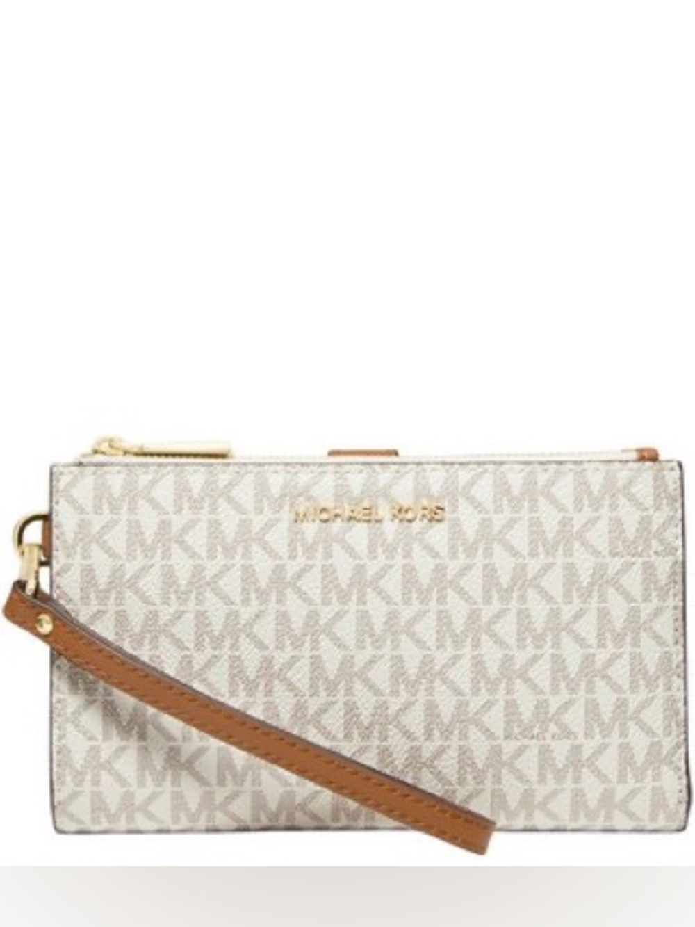 MICHAEL KORS Cream Signature Logo Wristlet with Tan Strap